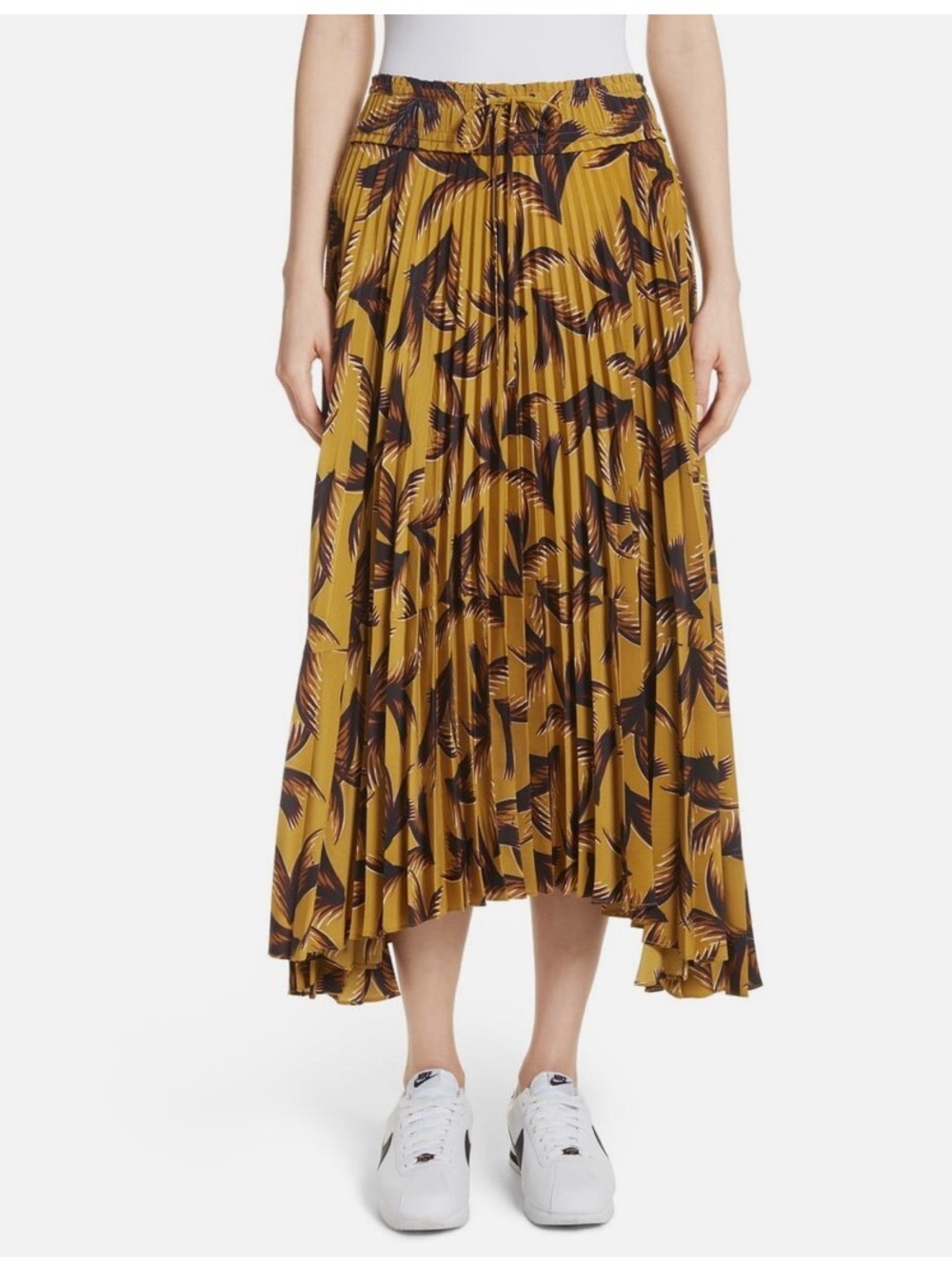 A.L.C. Maya Pleated A line Skirt Yellow Leaf-Print Midi size 6